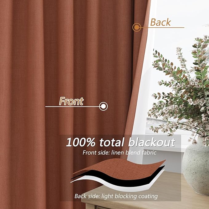 Terracotta 100% Blackout Curtains 108 Inch Length 2 Panels Set Fall Curtains - Image 4