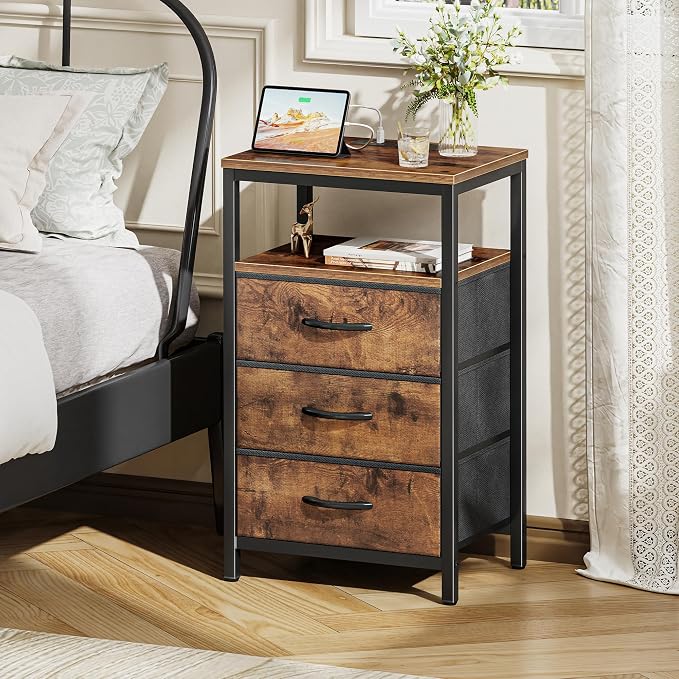 Huuger Nightstand with Charging Station, 27.6 Inch Bedside Table, Side Table | - Image 2