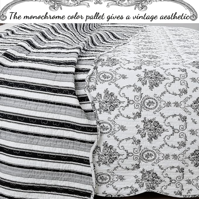Cozy Line Home Fashions French Medallion Black White Grey Rose Flower Pattern - Image 4