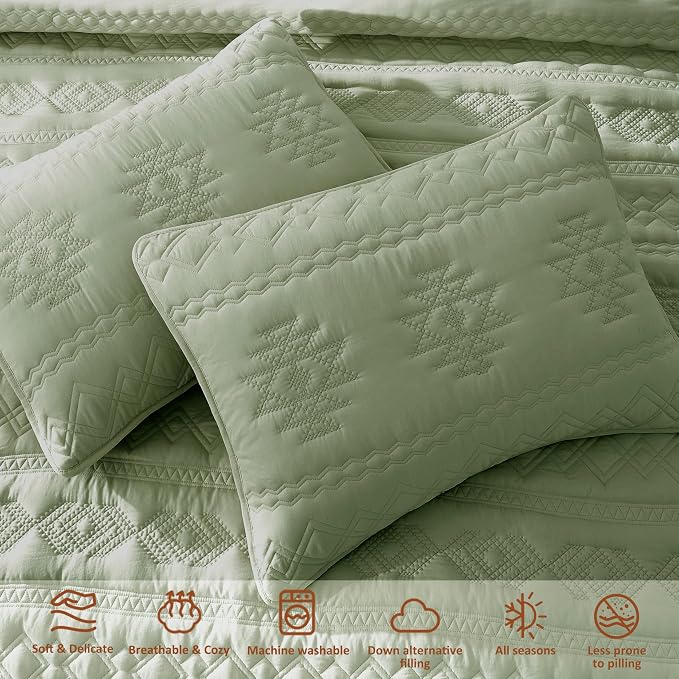 WDCOZY Boho Sage Green Quilt King Size Bedding Sets - Image 4