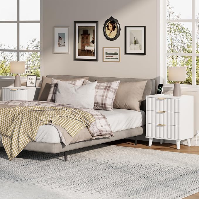 Wood Bedside Table w/Charging Station, 3 Drawers Fluted Dresser | White - Image 4