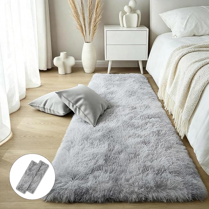 Light Grey Fluffy Shag Rug 2x6, living room, kids room, boys and girls by KICHOWUA