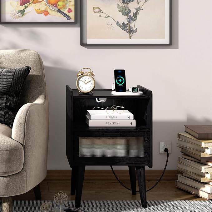 MMEOLUOOK Nightstand with Charging Station, Bedside Tables with Glass - Image 5
