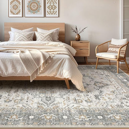 10x12 Area Rug Living Room: Washable Boho Large Neutral Vintage Soft Rugs Stain Resistant Distressed Farmhouse Non-Slip Indoor Floor Carpet for Bedroom Nursery Kids Office Dining Room- Taupe