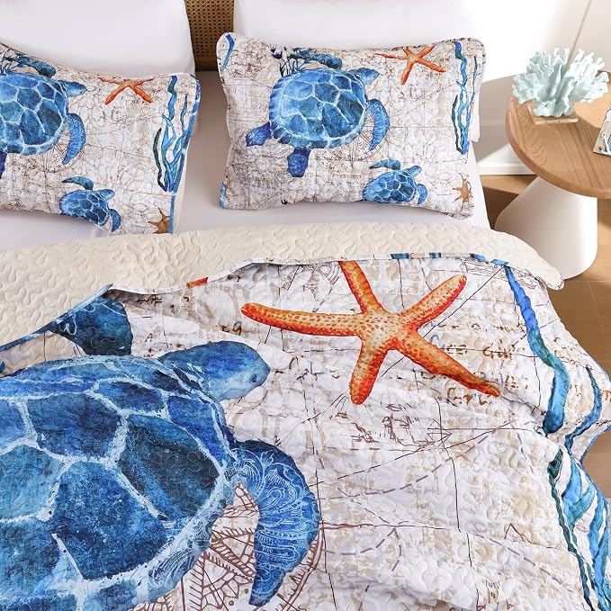 weigelia Coastal Quilt Queen Size, Nautical Lightweight Summer Bedding | - Image 2