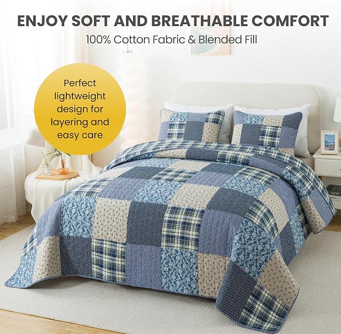 SLPR - Blue Symphony Cotton Quilt Set, Patchwork Bedding, Queen and 2 Shams | - Image 3