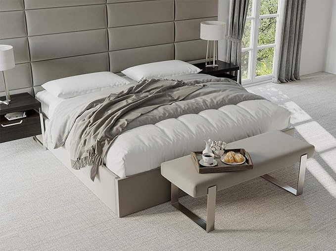 VANT Upholstered Bed Bench - Velvet Smoke Grey - Brushed Nickel - Contemporary Modern, Bedroom Bench Seat, Hallway, or Entryway
