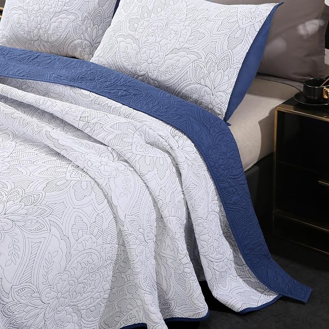ROOMLIFE Quilt Set King Size 3D Floral Campanula Embroidery Pattern 3-Piece - Image 3