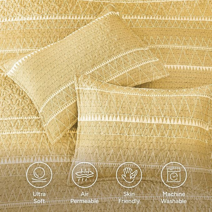 Yellow King Size Quilt Set, 3 Pieces Boho Striped Bedspread | Soft Lightweight - Image 5