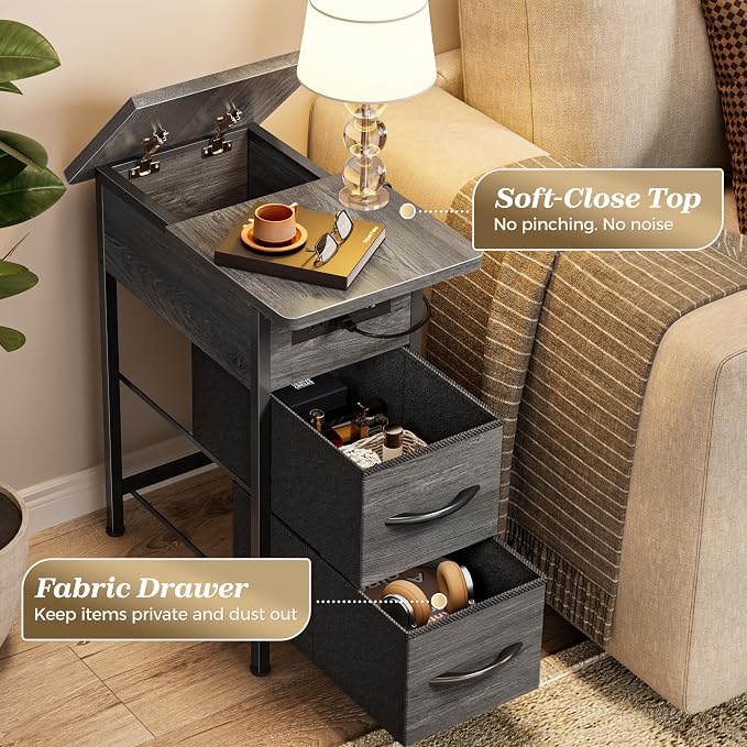 Huuger Narrow End Table with Charging Station, Side Table with 2 Drawers | Slim - Image 7