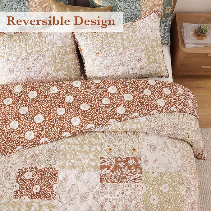 King Size Quilt Set-3 Pieces Soft King Bedspread Floral Patchwork Quilt | - Image 2
