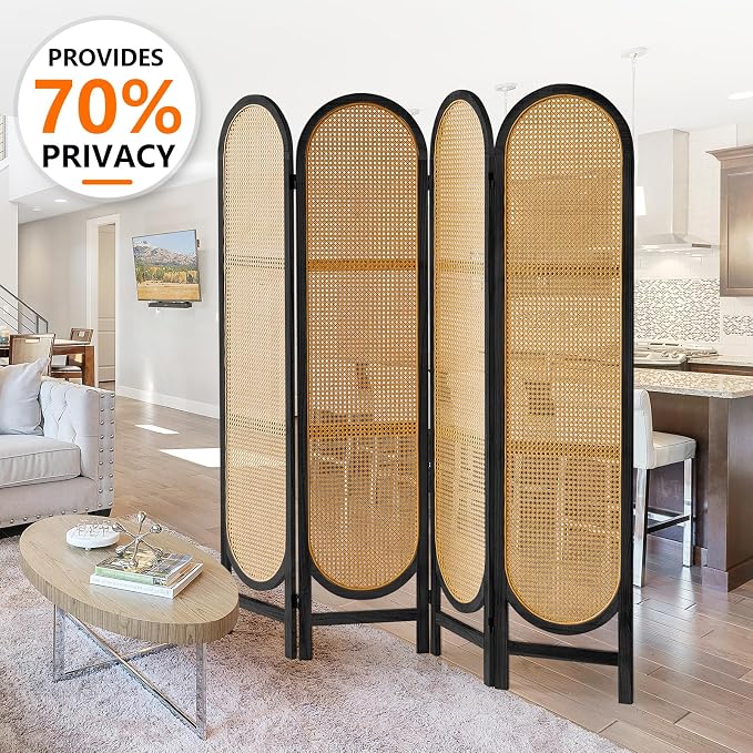4 Panel Rattan Room Divider, Folding Room Divider Screen, Arched Room Separator - Image 5