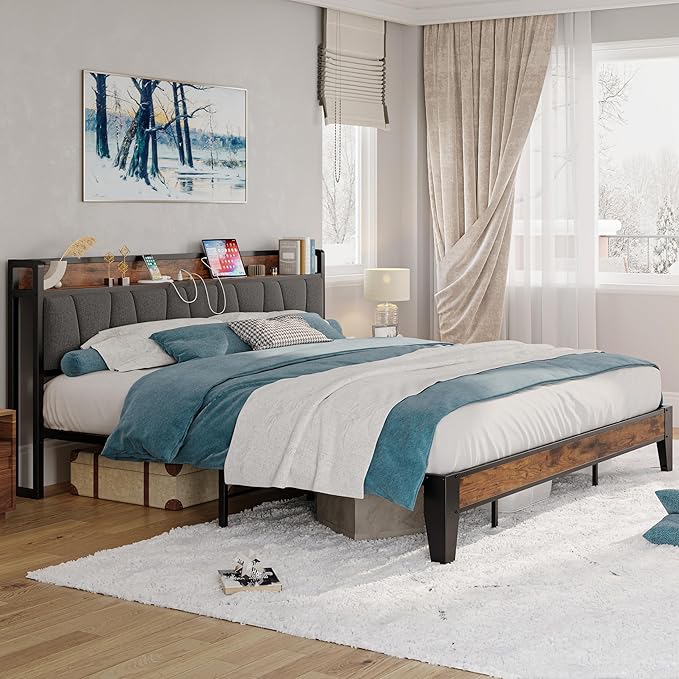 LIKIMIO California King Bed Frames, Storage Headboard with Charging Station, Solid and Stable, Noise Free, No Box Spring Needed, Easy Assembly