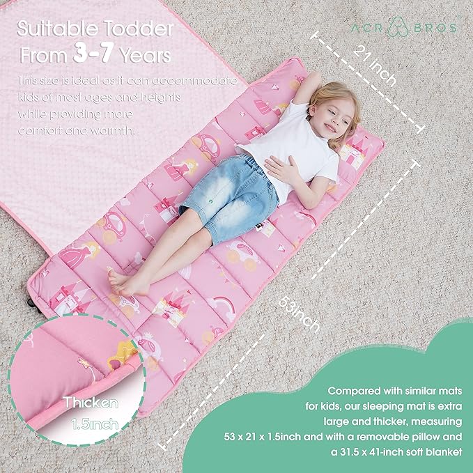 ACRABROS Toddler Nap Mat with Pillow and Blanket, Extra Large Rolled Napping Mats,Slumber Bags for Boys Girls,Kids Sleeping Bag for Daycare, Preschool Travel Camping,Little Princess