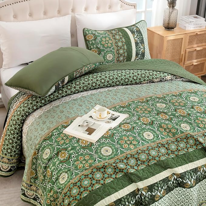 Yiran Quilts King Size, Fall Olive Green Bedspreads Bedding Set | Lightweight - Image 3