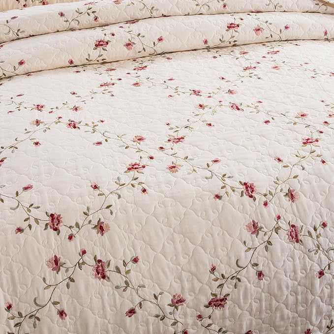 Quilt Set Floral Leaves 3D Embroidery Pattern 2 PCS Cotton Reversible Quilted - Image 2