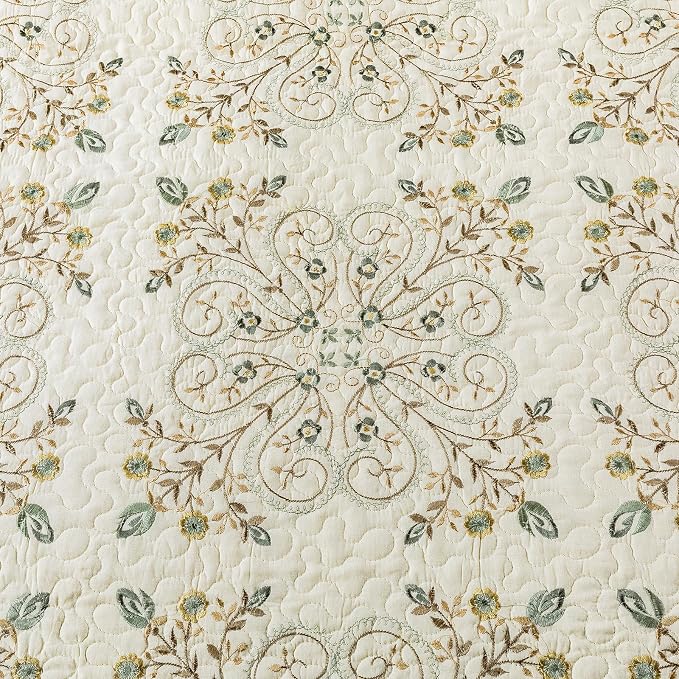 ROOMLIFE Quilt Set Queen Size 3D Floral Embroidery Pattern 3-Piece Cotton | - Image 3