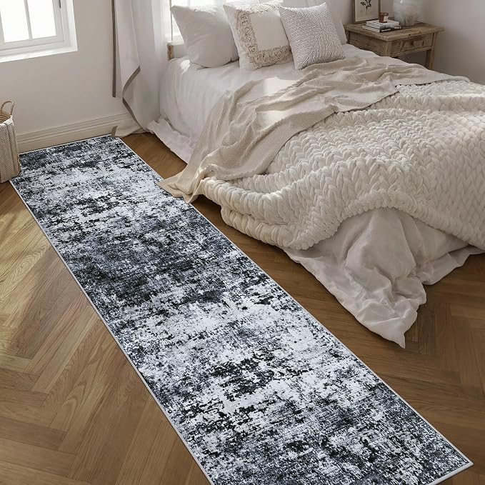 2.6x14 Washable Runner Rug:Modern Abstract Indoor Carpet Black | - Image 2
