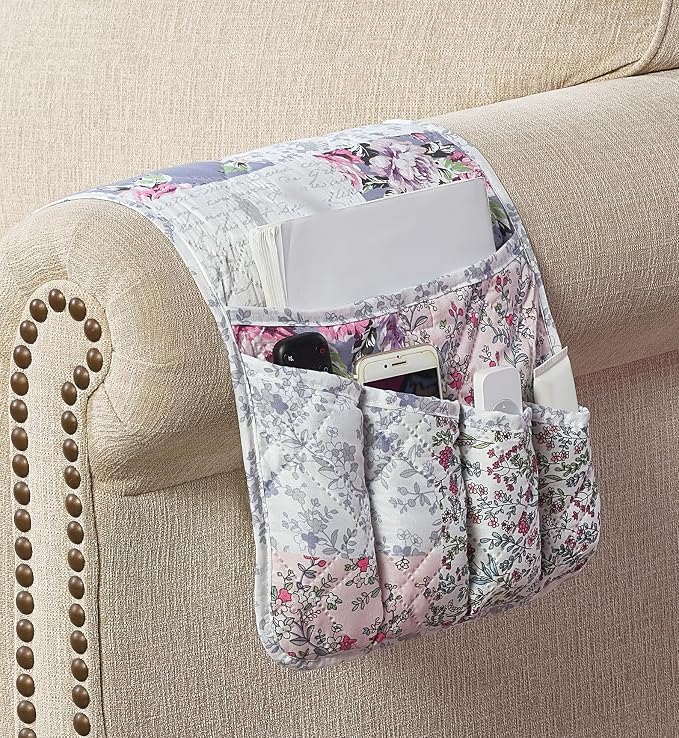 Brilliant Sunshine Blue & Pink Rose Toile Couch Armrest Cover, Armrest - Image 3