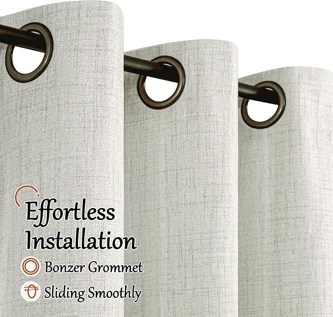 100% Blackout Curtains for Living Room 72 Inch Length 2 Panels Set, Thermal Insulated Light Blocking Boho Faux Linen Window Curtains for Bedroom, Bronze Grommet, Each 52" Wide, Light Grey
