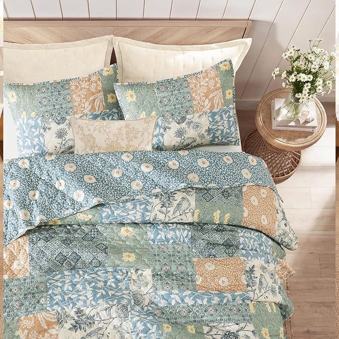 Oversized Queen Quilt Set-3 Pieces Soft Bedding Floral Patchwork Coverlet | All - Image 2