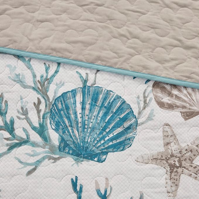 Madison Park Cotton Coastal Starfish Aqua Queen Quilt Set, Down Alternative - Image 6
