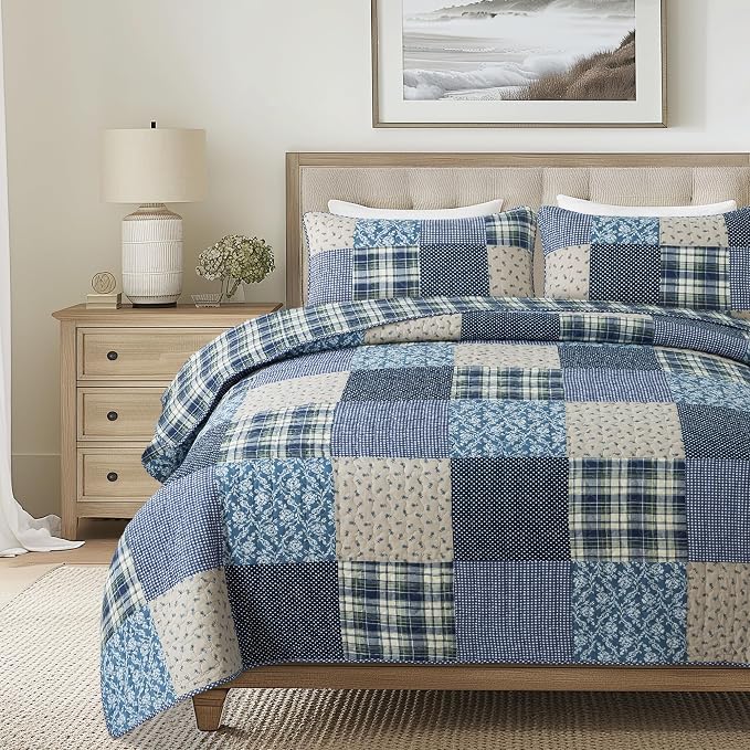SLPR - Blue Symphony Cotton Quilt Set, Patchwork Bedding, Queen and 2 Shams | by SLPR