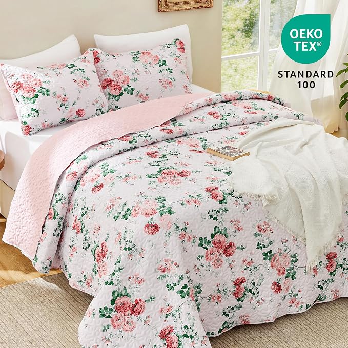 EXQ Home Printed Quilt Set Full Queen Size Pink Daphne Bedspread Set | Bedding - Image 2