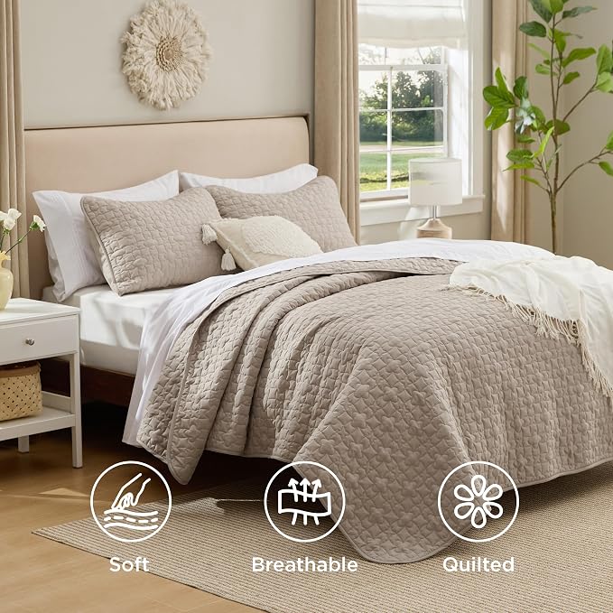 Bedsure Quilts Queen Size, Lucky Star Quilting Comforter Set Taupe | Bedspread - Image 2