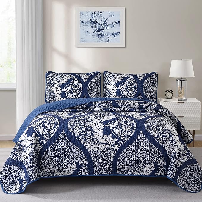 DJY Damask Quilt Set King Size, Boho Lightweight Bedding Set 3 Pcs, Soft by HOME