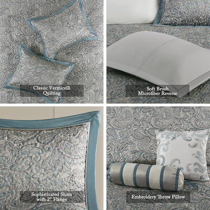 Madison Park Reversible Jacquard Quilted Queen Bedspread Set Teal, All-Season - Image 4