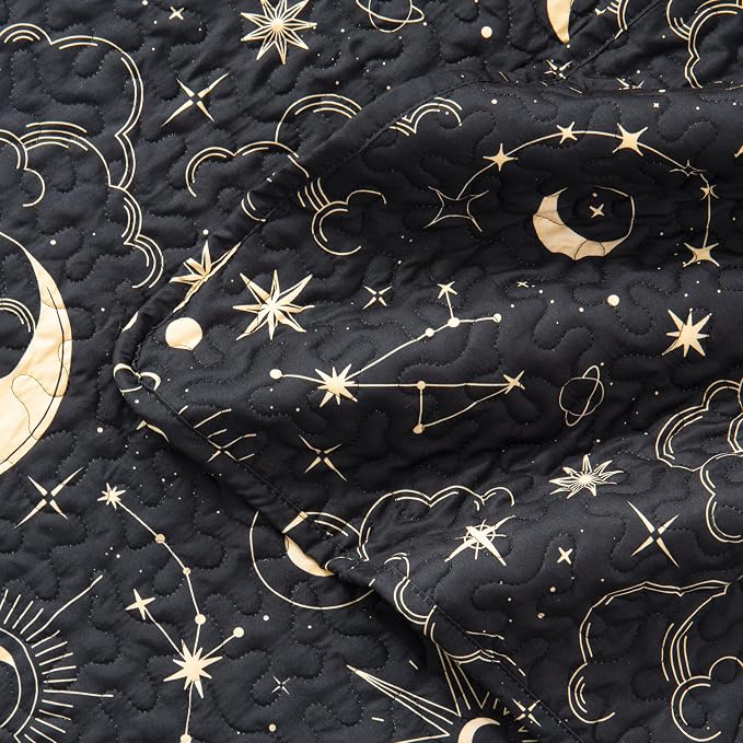 EXQ Home Quilt Set Twin Size Black Print Black Sun Starry Pattern | Soft - Image 4