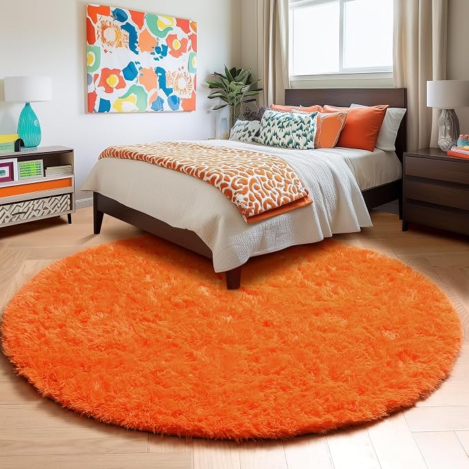 Amdrebio Orange Shaggy Round Area Rug 5Ft - Image 3