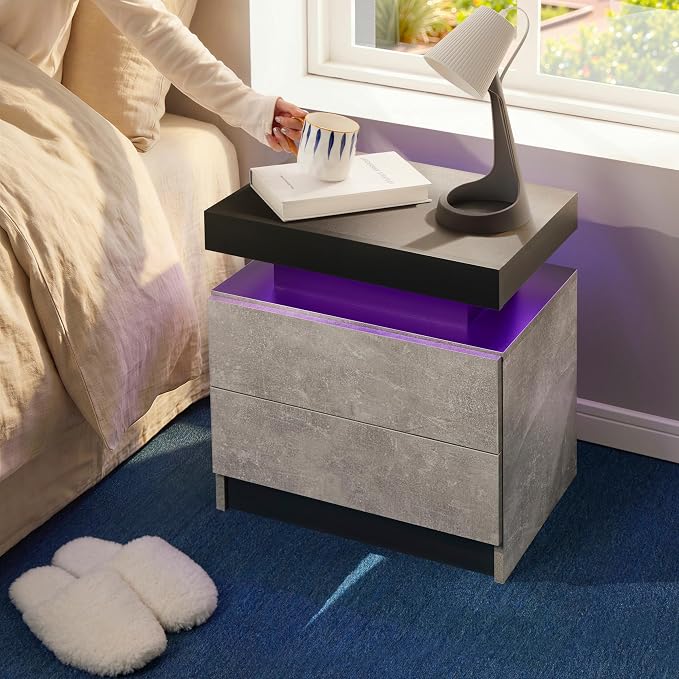 LED Nightstand with Wood 2 Drawers Modern Bedside Table - Image 5