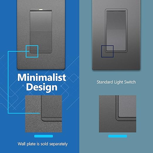 LIDER Minimalist Design Matte Finish Lighted Decorator Switch, Frameless Paddle Light Switch with Locator Light, Grounding Screw, 3-Way or Single Pole, 15A 120V, UL Listed, LS15-3W-SG, Space Gray