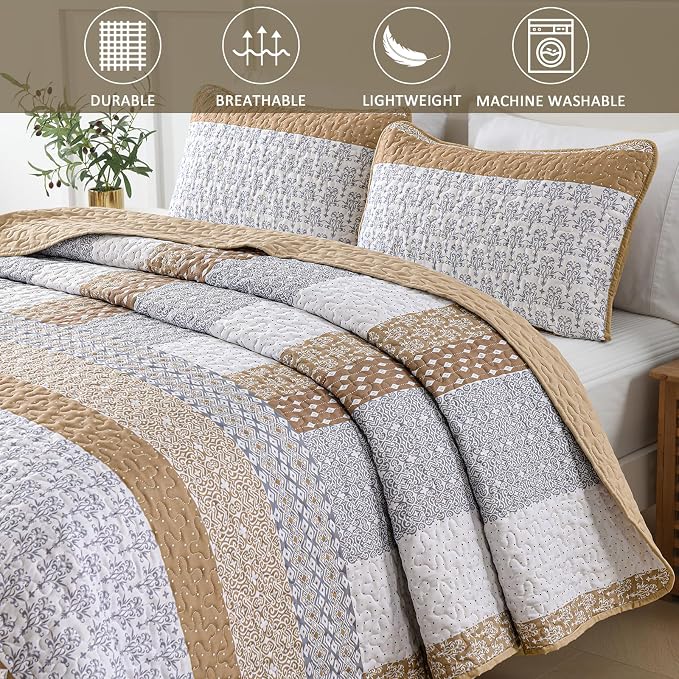 WONGS BEDDING Brown King Quilt Bedding Set, Bohemian Stripe Bedspread | - Image 6