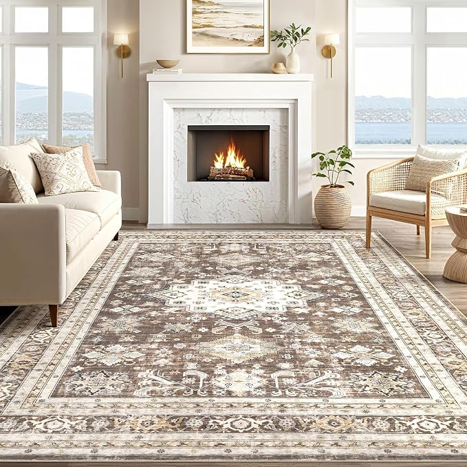 cotiled 7x9 Area Rug for Living Room, Traditional, Dark Brown | Soft Distressed - Image 6