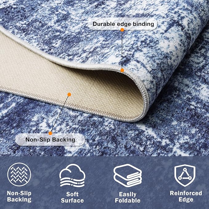 10x14 Washable Area Rug for Living Room Bedroom: Non-Slip Modern Navy Blue | - Image 4