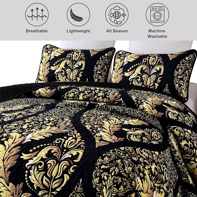 DJY Black Quilt Set California King Size 3Pcs, Boho Gold Damask Bedspread | - Image 4