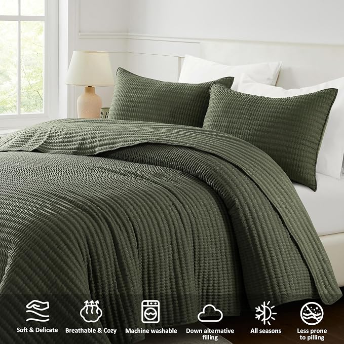WDCOZY Olive Green King Size Pick Stitch Quilt Set, 3 Pieces 104x90 inches | - Image 3