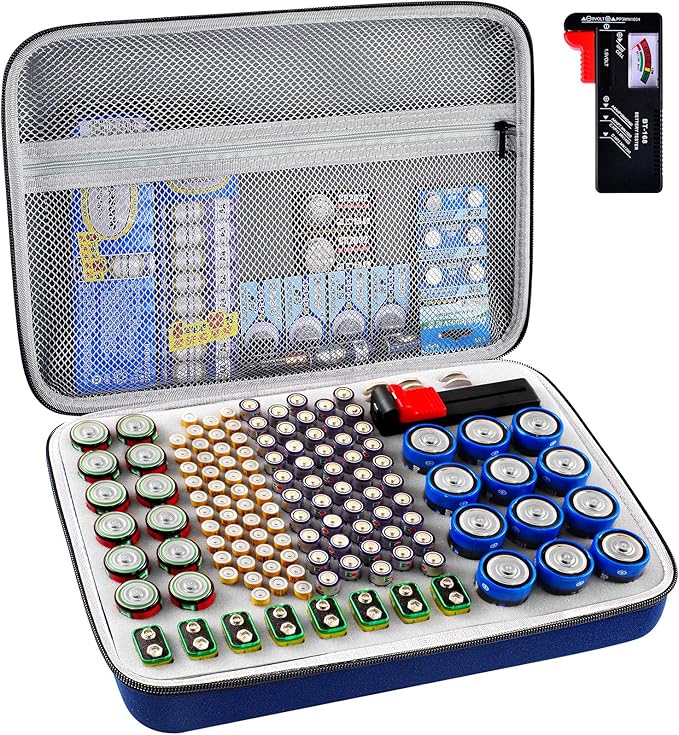 Battery Organizer Storage Holder, Batteries Storage Containers Box with Battery Tester Checker. Holds 150+ Batteries AA AAA 9V C D Lithium 3V LR44 CR2016 CR1632 CR2032 CR2025 (Not Includes Batteries）