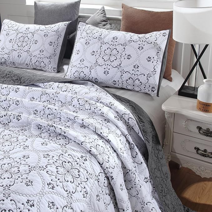ROOMLIFE Quilt Set King Size 3D Floral Embroidery Pattern 3-Piece Cotton - Image 2