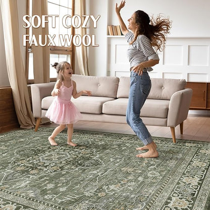 10x14 Area Rugs Living Room: Washable Boho Large Neutral Vintage Soft Rug Stain Resistant Farmhouse Non Slip Indoor Floor Carpet for Bedroom Nursery Kids Playroom Office Dining Room- Dark Green