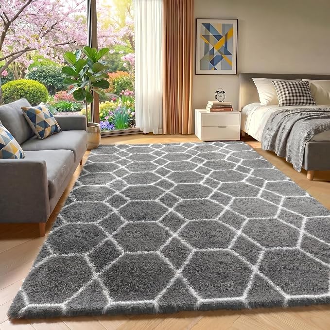 Area Rugs for Bedroom Living Room, 4x6 Fluffy Grey and White Floor Rug by ONASAR