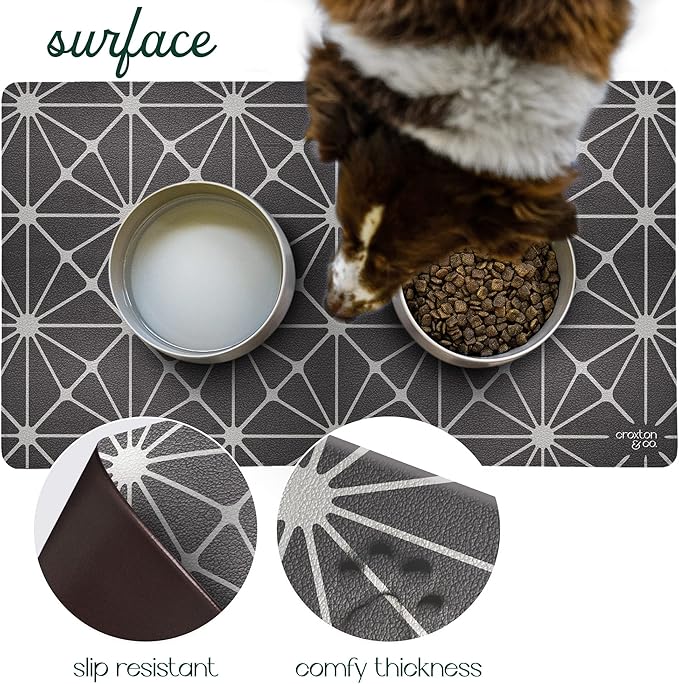 CROXTON & CO. Non-Slip Faux Leather Pet Feeding Mat for Dog Bowls | Large Bowl Mat for Food and Water | Durable, Easy-to-Clean Pet Food Mat for Floors | Size: 16.5"x18"