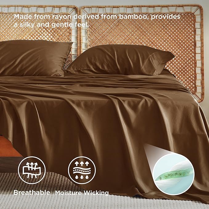 Bedsure California King Sheet Sets, Cooling Sheets for Hot Sleepers, Rayon Derived from Bamboo, Breathable & Soft, Deep Pocket Up to 16 Inches, Hotel Luxury Silky Bedding, Brown