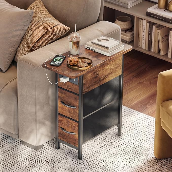 Huuger Narrow End Table with Charging Station, Side Table with 2 Drawers | Slim - Image 2