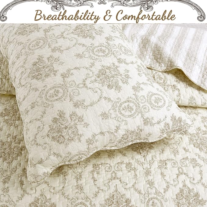 Cozy Line Home Fashions French Medallion 100% Cotton Bedding Quilt Set - Image 6