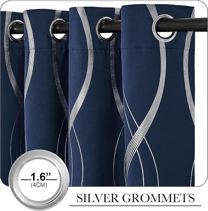 NICETOWN Navy Blue Blackout Curtain Panels 84 inches Long | Foil Printed - Image 3