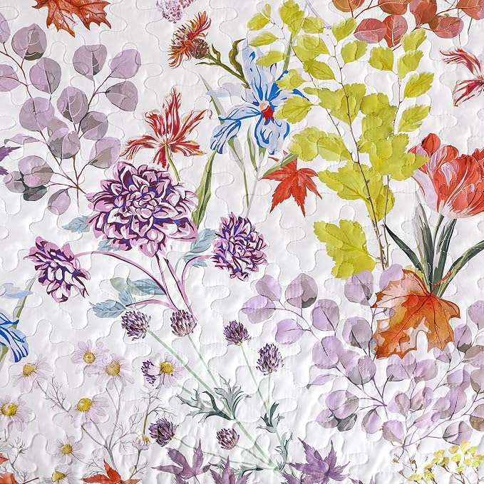 Yiran Purple Floral Quilt Set Queen Size, Sunflower Botanical Bedding Set | 3 - Image 5
